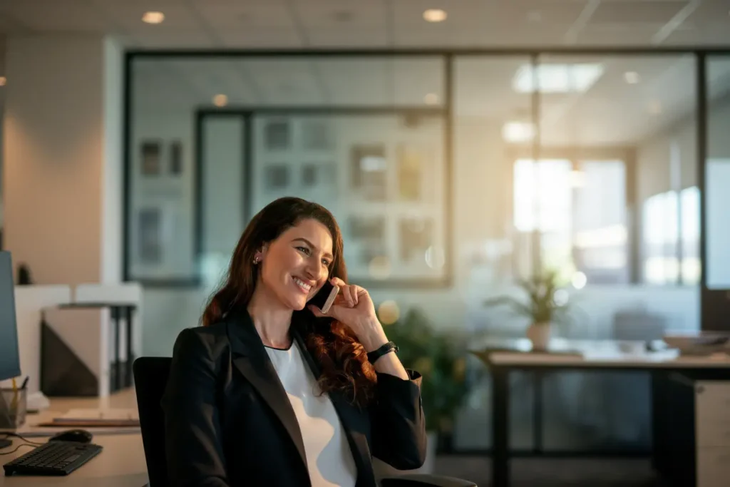 a girl happyily talking on the phone about AI-powered collection platform truedigi
