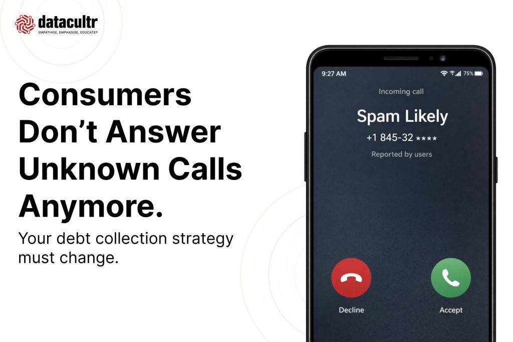 Phone showing a spam call incoming and advicing to change your debt collection strategy with verified numbers by Datacultr