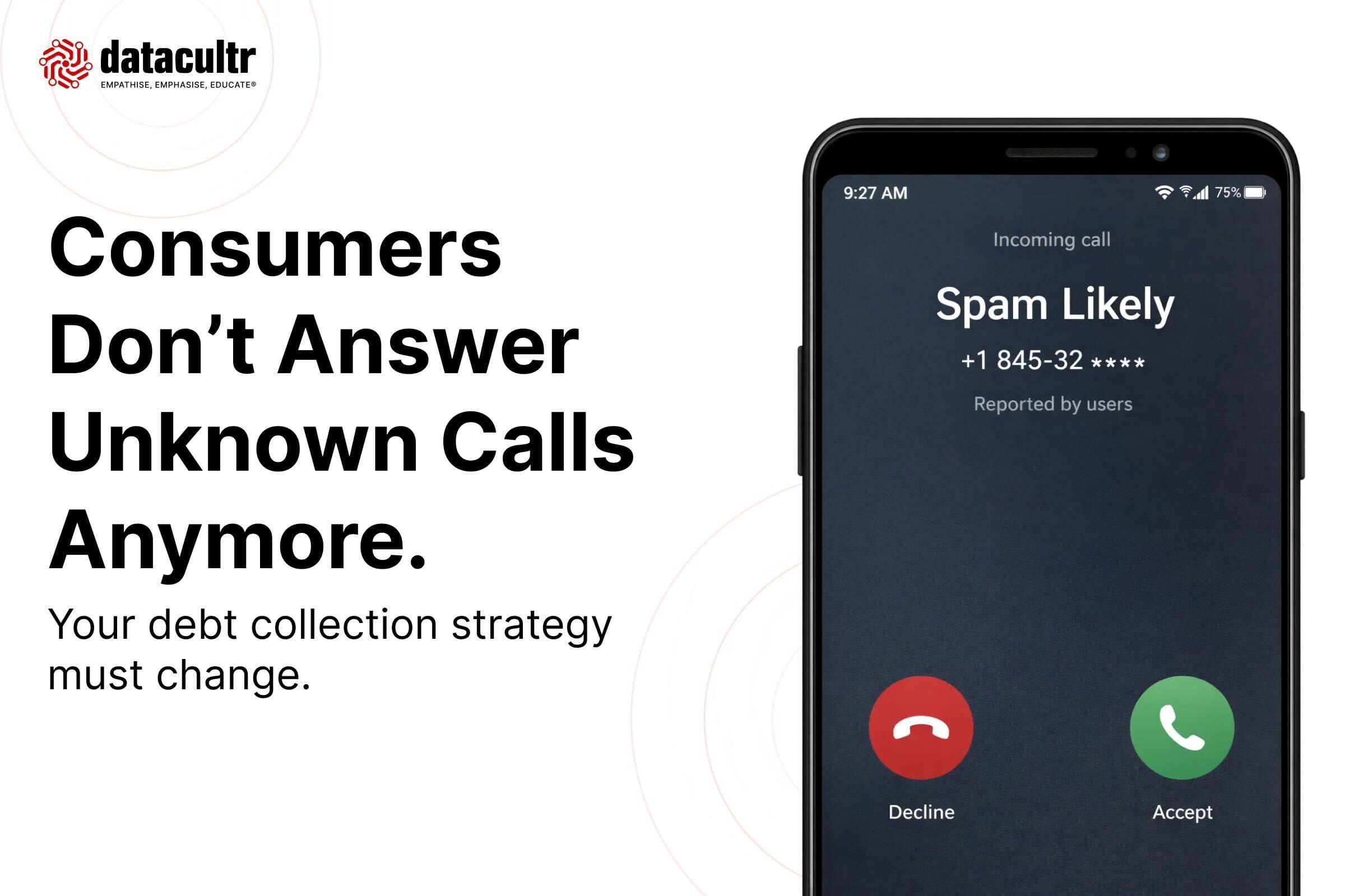 Phone showing a spam call incoming and advicing to change your debt collection strategy with verified numbers by Datacultr