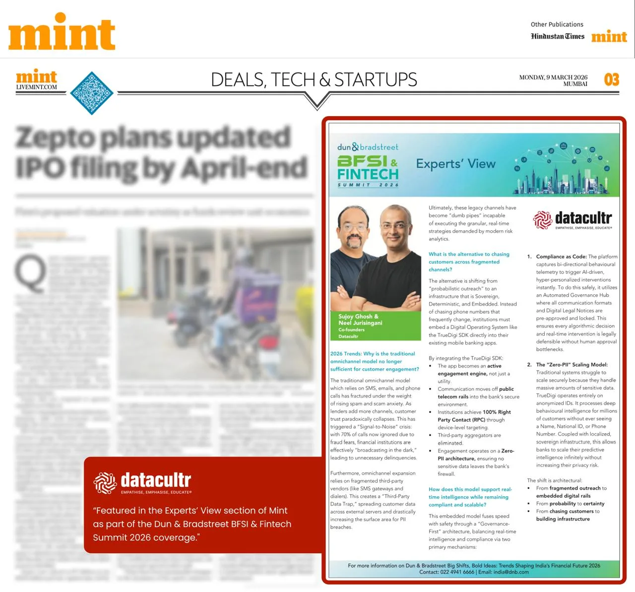 Datacultr featured in the Experts’ View section of Mint as part of the Dun & Bradstreet BFSI & Fintech Summit 2026 coverage