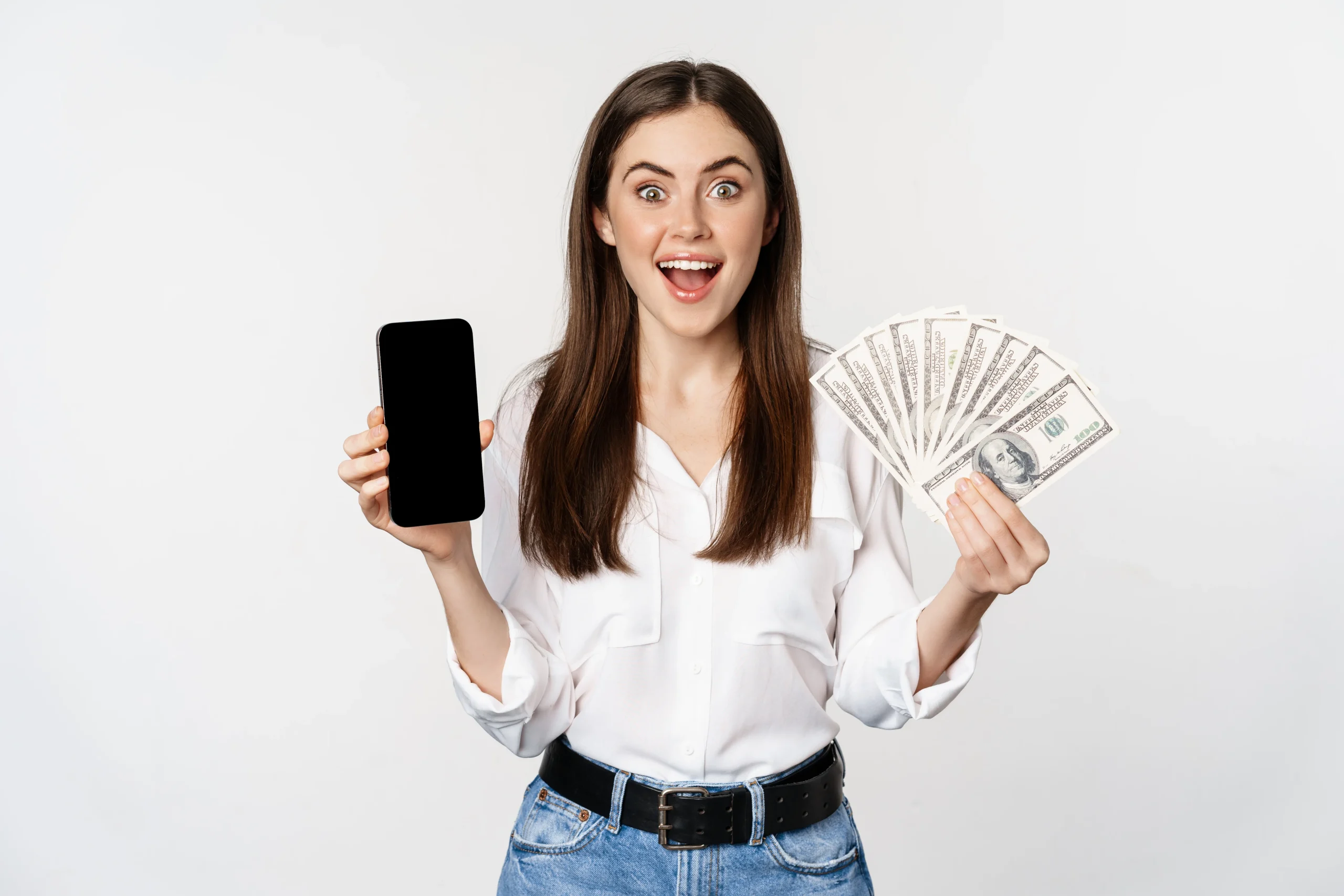 woman-showing-mobile-phone-screen-cash-money-concept-microcredit-bank-loans-standing-white-background